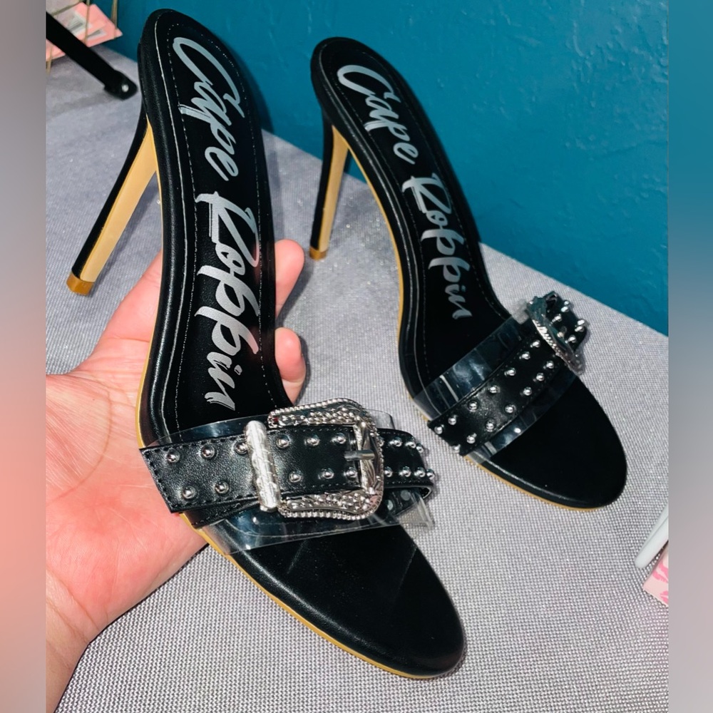 Cape Robbin Black and Silver Stiletto Heels with Crystal Embellishment